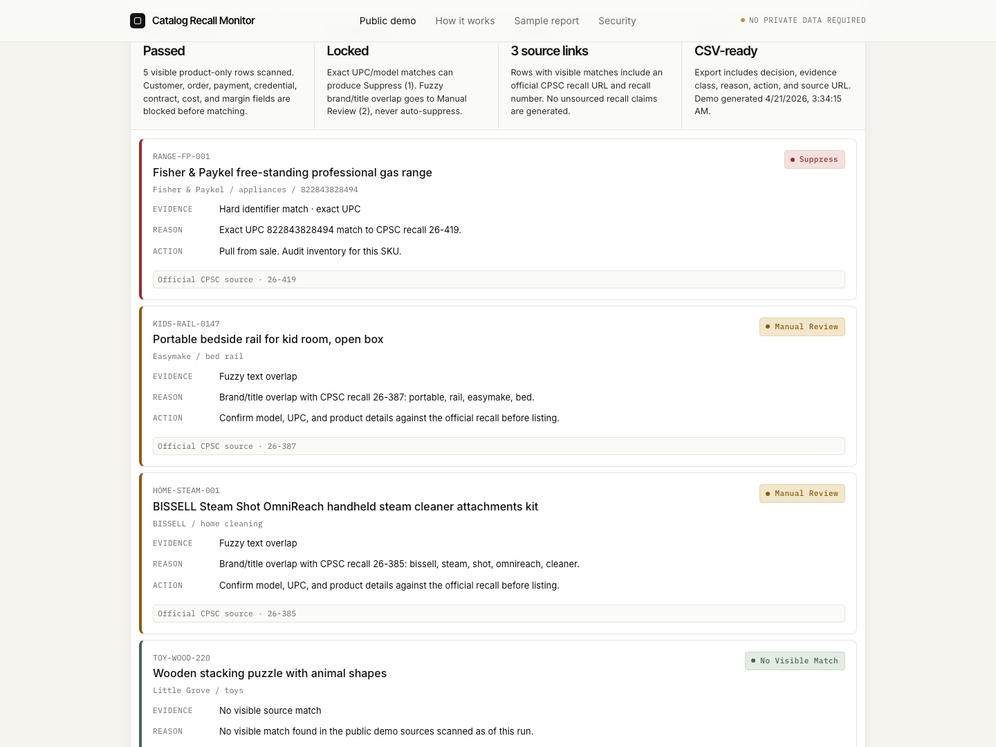 Catalog Recall Monitor public demo showing source-backed recall review results