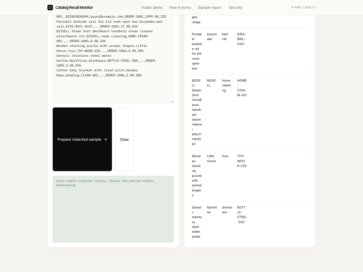 Browser-only redacted CSV preparation utility
